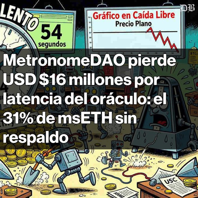 The image is a cartoon-style illustration showing a chaotic scene with robots, a sweating metronome character, a falling price chart labeled "Gráfico en Caída Libre" (Free-Fall Chart), and a timer showing "54 segundos." Overlaid text reads: "MetronomeDAO pierde USD $16 millones por latencia del oráculo: el 31% de msETH sin respaldo," highlighting the DAO's losses due to oracle latency affecting msETH and msUSD assets.