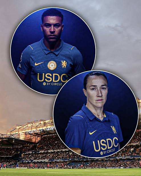 The image displays a promotional graphic featuring two circular portraits of Chelsea FC players wearing the team's blue jersey prominently emblazoned with "USDC by Circle" sponsor text, set against a backdrop of a crowded Stamford Bridge stadium. The graphic visually reinforces the post's point about Circle's stablecoin sponsorship reaching the massive global Premier League audience—a significant milestone for crypto visibility that extends beyond traditional industry circles into mainstream sports broadcasting.
