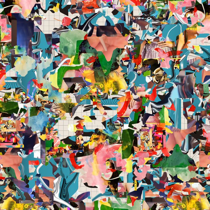 A chaotic abstract digital artwork or AI-generated image with colorful fragmented shapes, distorted faces, and swirling patterns in blue, red, pink, and yellow hues.