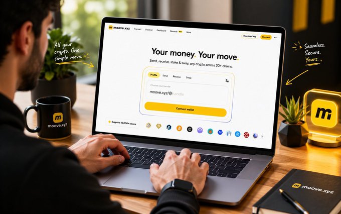 The image features a man sitting at a desk using his laptop computer while holding a coffee mug. The background includes a potted plant, a book, and a keyboard. The main focus of the image is the laptop screen displaying information about a money transfer service called Moove.