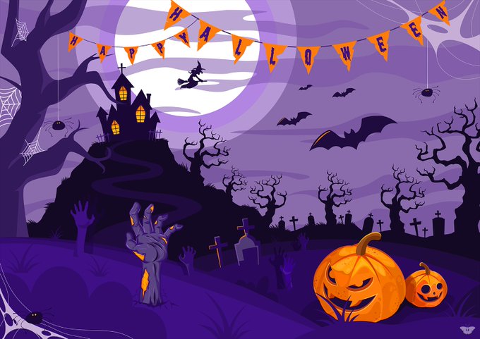 A purple Halloween-themed illustration featuring a spooky castle, a witch on a broom, bats, graveyard, a zombie hand emerging from the ground, jack-o'-lanterns, and a 'HAPPY HALLOWEEN' banner.