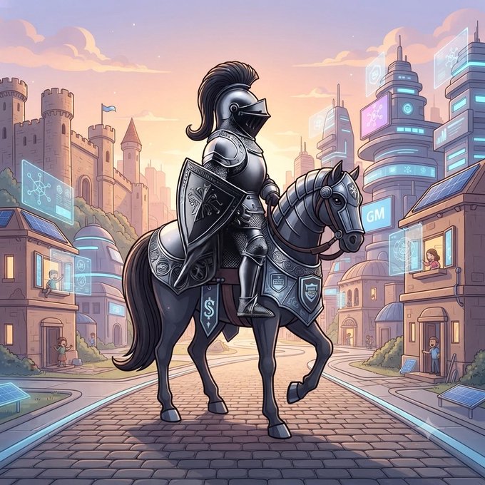 Digital illustration of an armored knight on horseback riding through a cobblestone street in a futuristic city blending medieval castles with sci-fi skyscrapers and holographic displays.