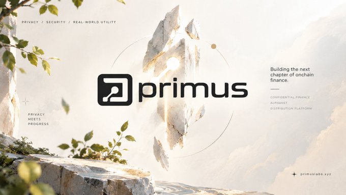 A promotional graphic displays the 'primus' logo with a star icon, alongside text reading 'PRIVACY MEETS PROGRESS' and 'Building the next chapter of onchain finance. CONFIDENTIAL FINANCE. ALPHANET. DISTRIBUTION PLATFORM,' with 'primuslabs.xyz' at the bottom.
