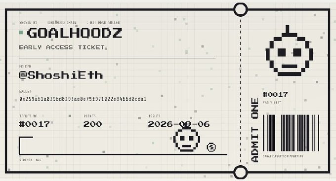 A pixel-art style ticket for "GOALHOODZ" early access, issued to "@ShoshiEth" with ticket #0017, dated 2026-08-06, priced at 200.
