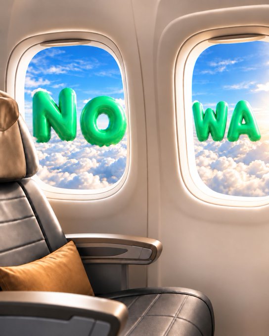 A 3D-rendered image of an airplane interior shows two windows with clouds in the background, with green balloon letters spelling 'NO' in the left window and 'WA' in the right window.