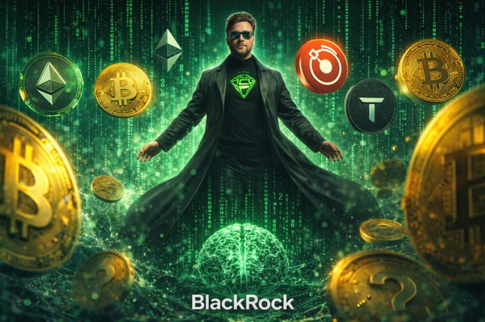 A stylized man in a green-lit digital matrix stands surrounded by floating cryptocurrency coins (Bitcoin, Ethereum, Tron, and others) above a glowing green brain, with "BlackRock" written below—symbolizing how AI-driven crypto governance projects like DeXe are entering the realm of major institutional finance.
