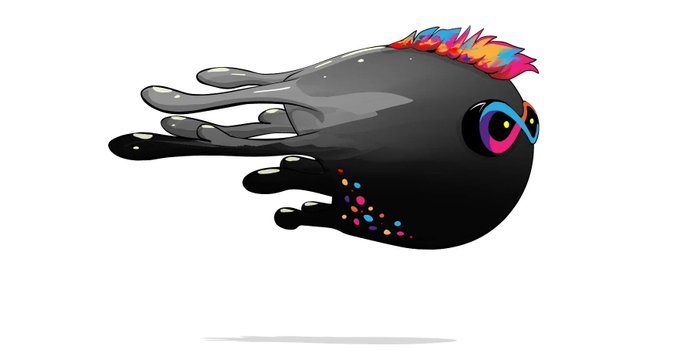 A cartoon-style black blob-like creature with a vibrant rainbow mohawk, colorful dotted markings, and large rainbow eyes floats against a white background, matching the playful NFT character aesthetic referenced in the post about the Microbo NFT collection.