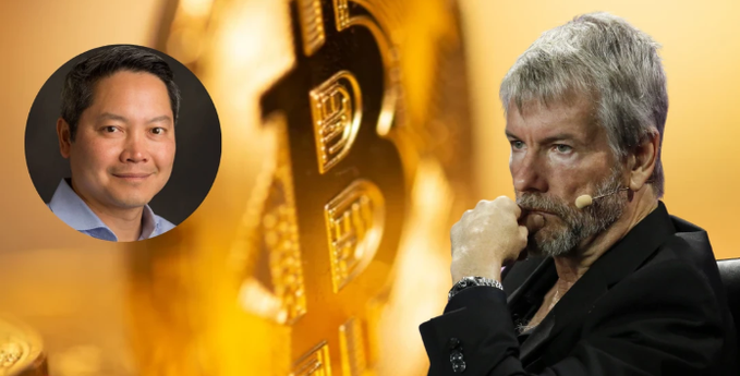 MicroStrategy CEO Phong Le is featured in an inset alongside an image of Michael Saylor in deep thought beside a Bitcoin symbol, illustrating the company's ambitious new strategy to transform itself into the "JPMorgan of crypto."
