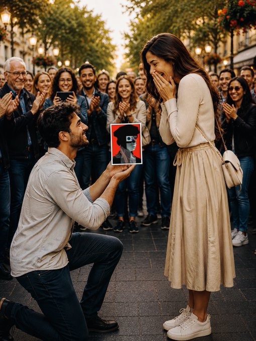 A romantic scene of a man kneeling on one knee proposing to a woman in a public square surrounded by a clapping crowd, though the man appears to be holding a framed picture instead of a ring.