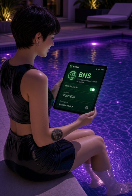 A woman in a black outfit sits by a pool at night, using her phone to send a priority flash transaction of 10,000 BDX to "yourname.bdx" via Beldex's BNS (Your Decentralized Identity on Beldex) platform, which visually reinforces the post's point about how readable .bdx names simplify Web3 transactions by replacing long wallet addresses.