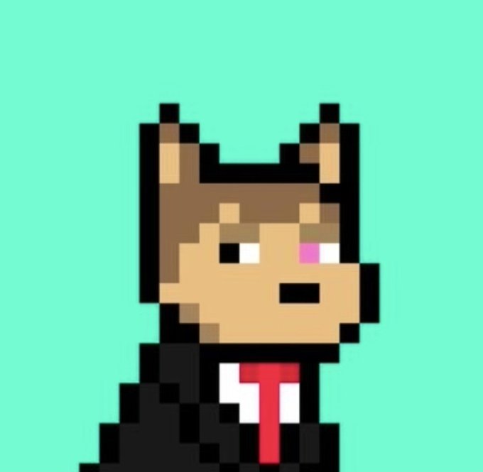 A pixel art illustration of a brown and tan dog wearing a black suit with a red tie, set against a teal background. The image complements the post about @doginaldogs, visually representing a canine character styled in a dapper, professional manner that fits a crypto/NFT-themed social media branding.