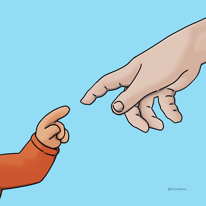 An illustration by @chimkinz depicts a small child's hand reaching up from a red sleeve toward an adult hand, reminiscent of Michelangelo's 'Creation of Adam,' against a blue background.
