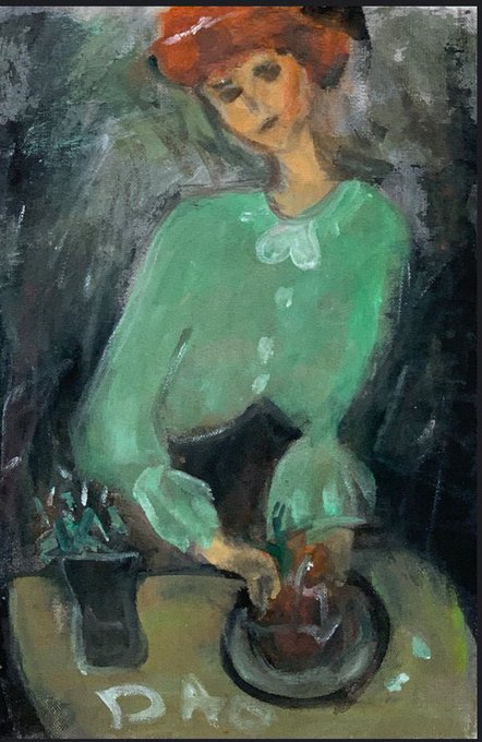 The image features an oil painting of a woman sitting at a table, wearing a green blouse and a red hat. The painting depicts her holding a plate with food on it, possibly enjoying a meal or preparing something for others. The background is dark, which contrasts with the bright colors used in the foreground to make the woman stand out. The post that accompanies this artwork reads "Gmhappy Tuesday Girl with a red hat Acrylic on canvas 7 xtz".