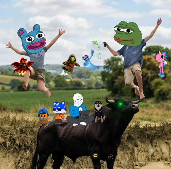 A meme image showing people jumping in a field behind a black bull, with their faces replaced by various crypto mascots including Pepes, a Wojak, Sonic, and other characters.