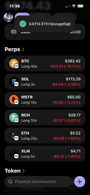 The image shows a phone screen displaying various cryptocurrency trading options, including Bitcoin, Ethereum, and Litecoin. The screen also has a message that says "Perps" at the top left corner. The text "Long 40x" can be seen in the middle of the screen, while "Short 10x" is located towards the bottom right corner. Additionally, there are two other messages on the screen: one saying "Ether" and another stating "Long 25€".