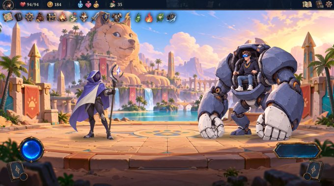 A fantasy video game screenshot shows a robed character with a staff facing off against a giant stone golem with a rider in an ornate arena setting.