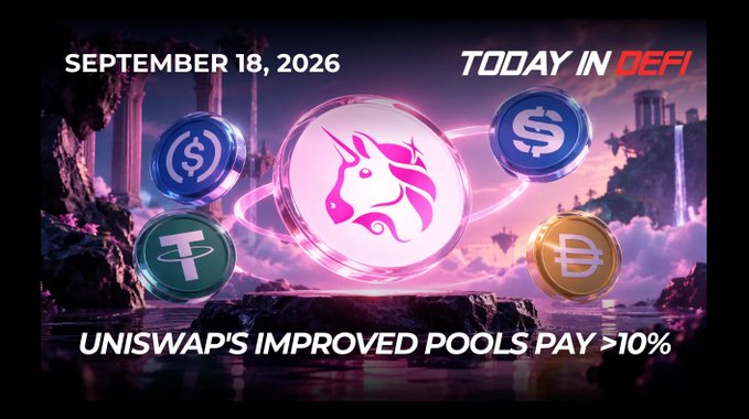 A promotional graphic dated "September 18, 2026" branded with "Today in DeFi" features a glowing pink unicorn logo flanked by USDC, USDT, and USDS stablecoin coins against a mystical landscape. The headline reads "Uniswap's Improved Pools Pay >10%," illustrating the post's claim that Uniswap's USDC/USDT pool is delivering over 10% APR just five days after launch.
