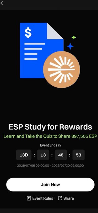 Gate.io's "ESP Study for Rewards" campaign page, offering to share a prize pool of 897,505 ESP tokens via a learn-and-earn quiz running until July 20, 2026, with a "Join Now" button and event timer counting down 13 days, 13 hours, 48 minutes, and 53 seconds.