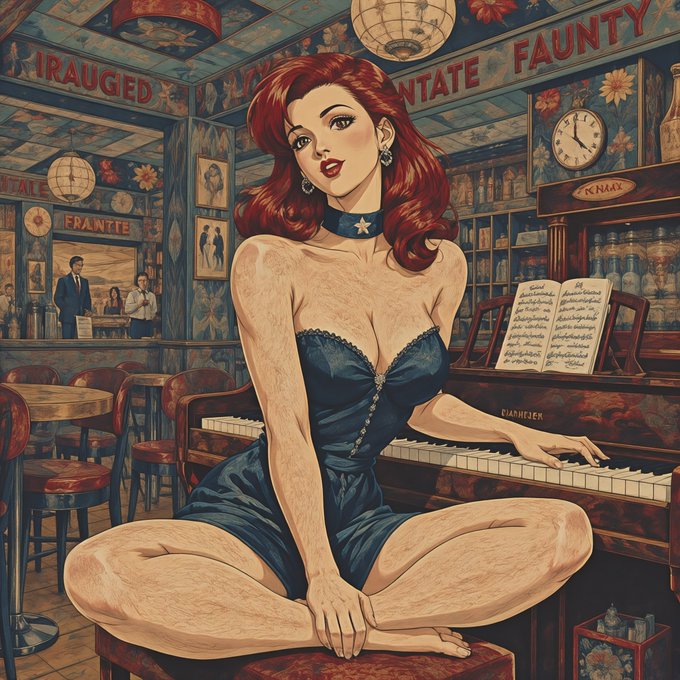 A retro pop-art style pin-up illustration of a red-haired woman in a dark corset sitting cross-legged at a piano in a vintage cafe with partially garbled text reading 'IRAUGED', 'NTATE', and 'FAUNTY'.