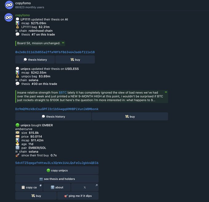A Discord bot interface from 'copyfomo' showing crypto trading alerts, including thesis updates on AI ($CBTC) and USELESS tokens, along with an EMBER/SOL unipcs buy alert.