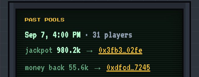 A retro-styled screen displays 'PAST POOLS' with a September 7 jackpot of 980.2k distributed to address 0x3fb3...02fe.