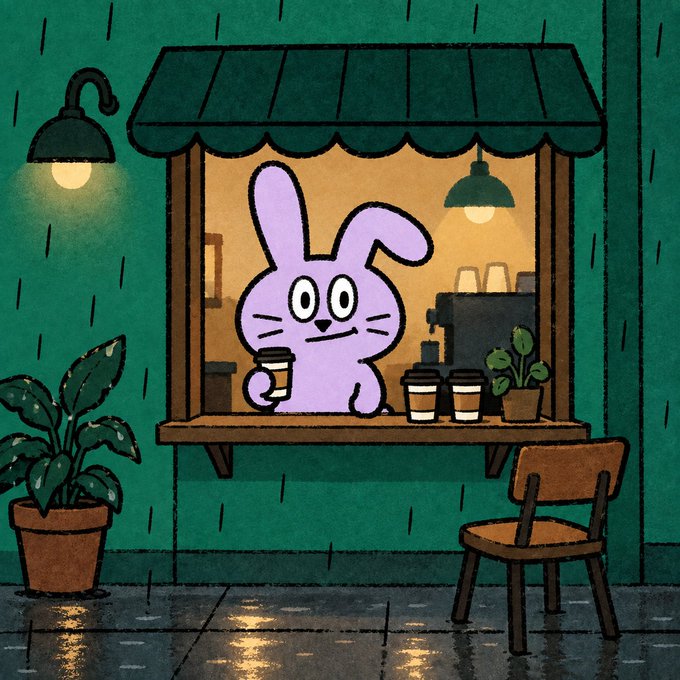An illustrated scene of a cute purple cartoon rabbit working as a barista at a coffee shop window during rain, serving coffee cups with a coffee machine and plant visible.