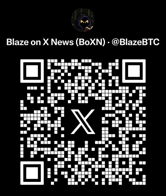 A QR code for "Blaze on X News (BoXN) · @BlazeBTC" featuring a pixelated hooded figure logo and the X logo in the center, promoting a new social shopping feature being integrated into the X platform.