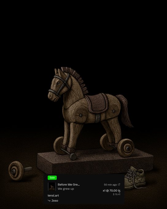 A dark, atmospheric digital artwork shows a wooden toy horse on wheels atop a pedestal with a small shoe beside it, overlaid with a Spotify track listing for 'Before We Gre… We grew up' by 'tens1.art'.
