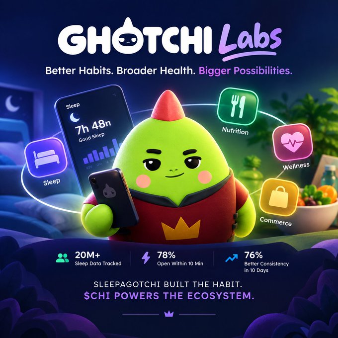 A promotional graphic for 'GHOTCHI Labs' featuring a green mascot character surrounded by app icons for Sleep, Nutrition, Wellness, and Commerce, with stats showing '20M+ Sleep Data Tracked' and the text 'SLEEPAGOTCHI BUILT THE HABIT. $CHI POWERS THE ECOSYSTEM.'