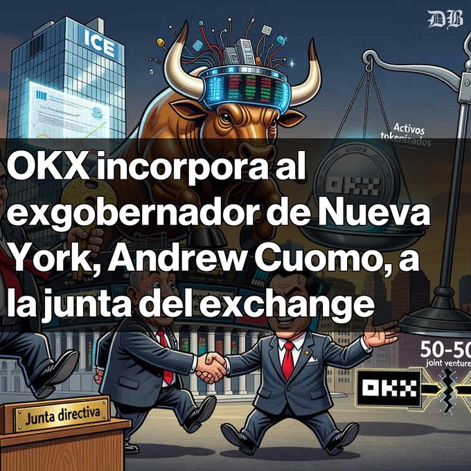 An illustrated news graphic in Spanish stating 'OKX incorpora al exgobernador de Nueva York, Andrew Cuomo, a la junta del exchange,' depicting a bull and businessmen shaking hands in front of ICE and OKX logos.