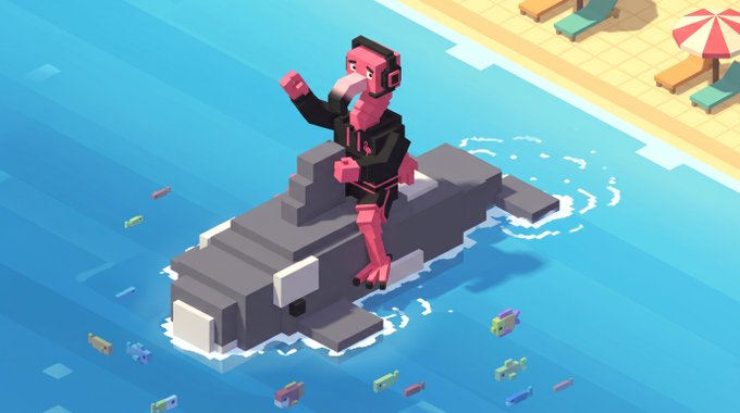 A colorful pixel art illustration shows a pink and black robotic bird or penguin character standing triumphantly with one fist raised atop the gray conning tower of a submarine that is surfacing in bright blue water near a beach with lounge chairs and an umbrella.
