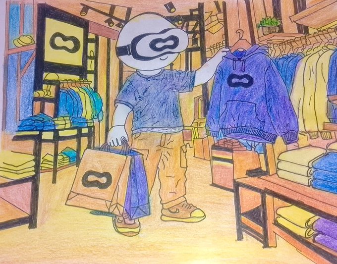 A colored pencil drawing of a person wearing a VR headset, holding a shopping bag, and looking at a purple hoodie inside a clothing store.