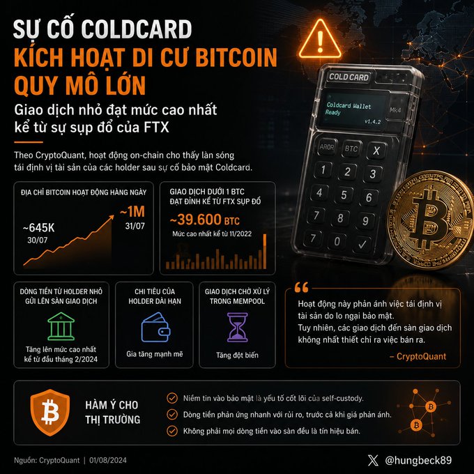 A Vietnamese-language infographic about a 'COLD CARD' Bitcoin wallet incident, showing a Coldcard hardware wallet, a Bitcoin, and charts detailing transaction volumes and small holder activity since the FTX collapse.