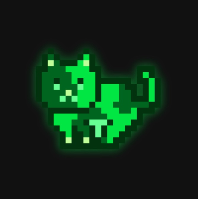 A glowing green pixel-art cat figure on a dark background, resembling a retro video game character.