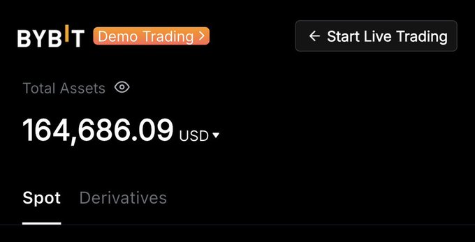 A screenshot of Bybit's demo trading page showing total assets of 164,686.09 USD with Spot and Derivatives tabs.