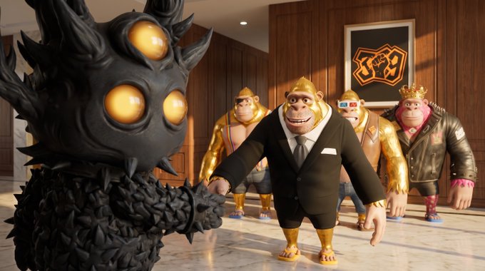 An armored monkey in a suit shakes hands with a dark, spiked creature with glowing yellow eyes, while three other golden-suited monkeys stand behind them in a wood-paneled room. The post celebrates the addition of a new "Gold Suit Geez" to a collection featuring 369, likely an NFT or token identifier.