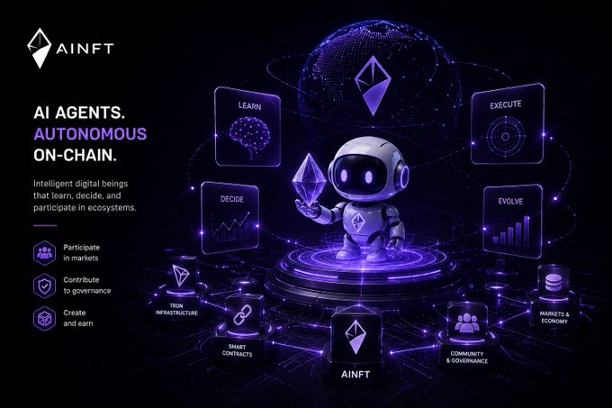 An AINFT promotional graphic titled "AI AGENTS. AUTONOMOUS ON-CHAIN." featuring a cute robot character holding an Ethereum crystal, surrounded by floating icons labeled LEARN, EXECUTE, DECIDE, and EVOLVE.