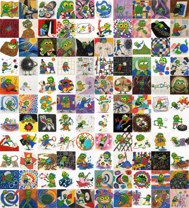 A large collage grid of numerous small, colorful illustrations all featuring a recurring green frog-like character in various artistic styles and scenarios.