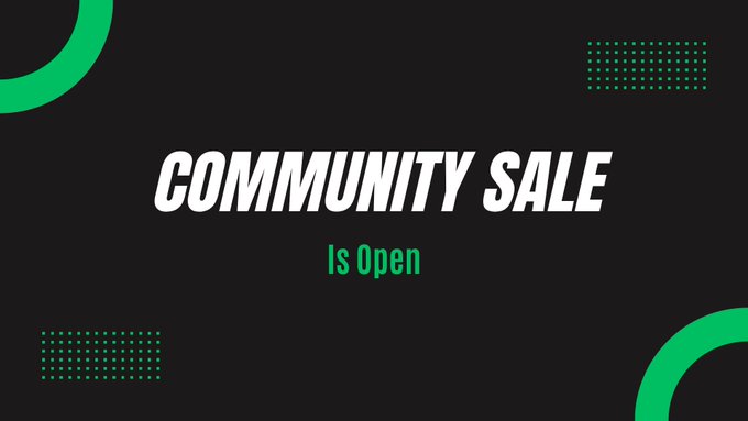 A simple black banner with green dotted accents reading 'COMMUNITY SALE' in bold white italic text and 'Is Open' in green below it.
