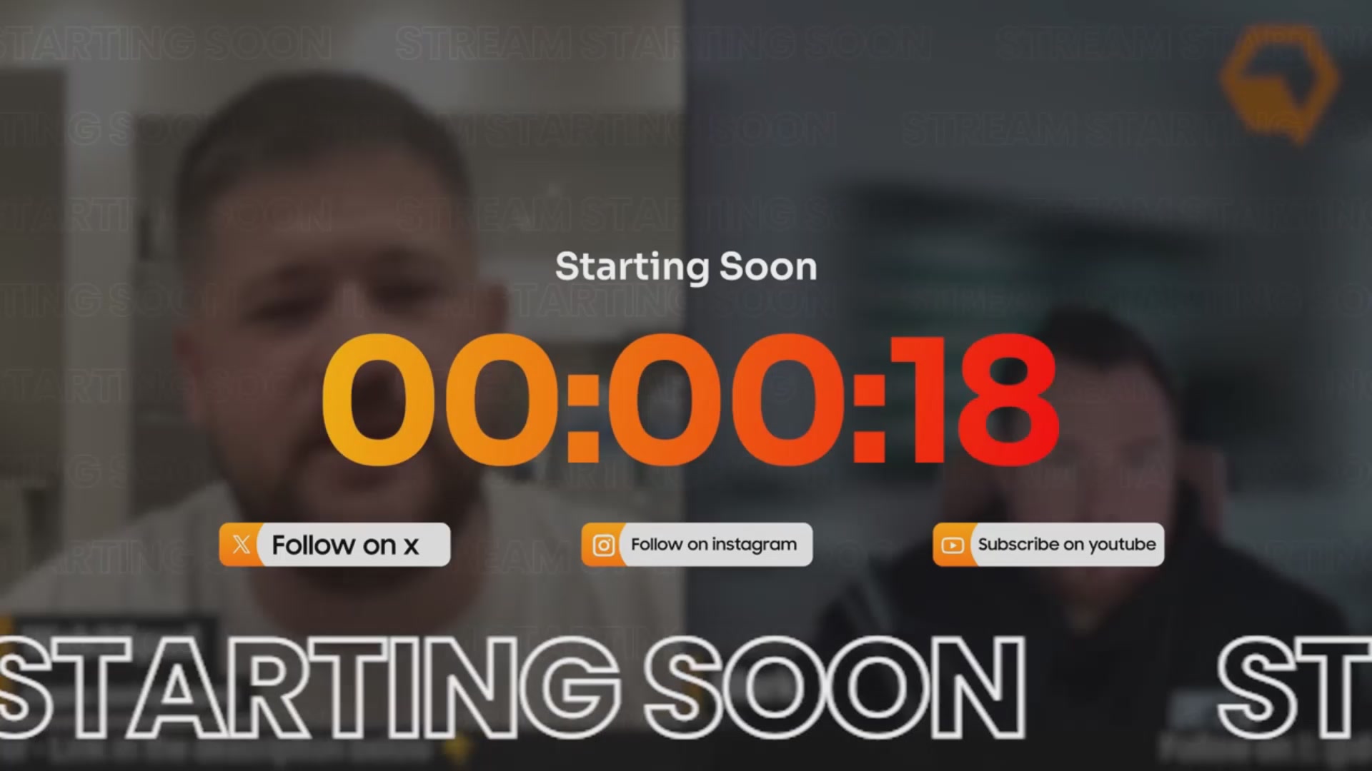 "Starting soon" text is displayed above two men watching a video or movie with the time of 00:00:18. The main focus should be on people, as they appear prominently within this description.