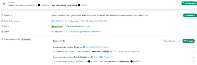 A blockchain explorer screenshot showing a successful token transfer from address beginning 3NGbdd... with a TX HASH visible and Token-2022 Program involvement.