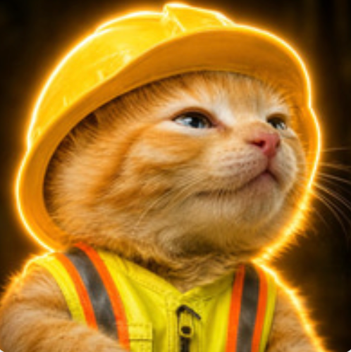A digitally rendered orange tabby cat wearing a yellow construction hard hat and high-visibility safety vest, surrounded by a glowing yellow aura.