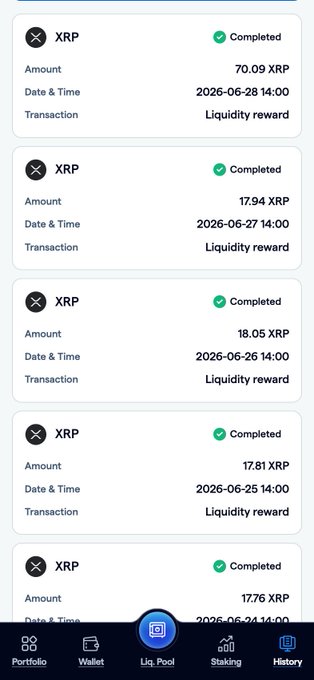 A crypto history dashboard displays multiple completed XRP liquidity reward transactions ranging from 17.76 to 70.09 XRP, dated June 24-28, 2026, illustrating the platform's transparent transaction history referenced in the post.