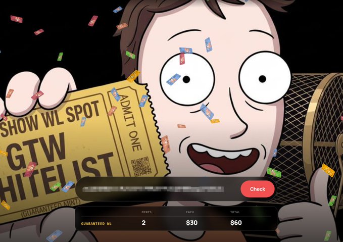 A cartoon illustration of an excited character holding two 'SHOW WL SPOT GTW HITLIST' lottery tickets with colorful confetti flying around; below shows pricing details: 2 mints at $30 each, $60 total, with a 'Check' button.