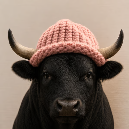 A black bull with horns wears a pink knitted beanie hat, staring straight ahead against a beige background.