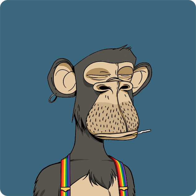A digital illustration of a bored-looking cartoon chimpanzee with closed eyes, stubble, an earring, rainbow suspenders, and a cigarette dangling from its mouth, set against a solid teal background.