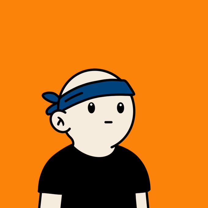 A simple cartoon illustration of a pale character wearing a black shirt and a blue bandana, set against a solid orange background.