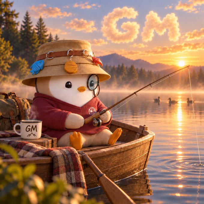 A cute cartoon chick wearing a fisherman’s hat decorated with pins, round glasses, and a maroon hoodie sits in a wooden rowboat at sunrise, holding a fishing rod and a steaming mug labeled “GM” beside a plaid blanket. The serene lake scene with misty mountains and a glowing sunrise mirrors the post’s cheerful “GM Everyone ☀️” greeting, using the peaceful “fishing” metaphor to playfully hint at reeling in airdrops and InfoFi wins from @CNPYNetwork’s recent timeline.