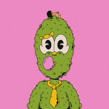 A cartoon green cactus-like character with big eyes, a pink tongue, and a yellow tie on a pink background.