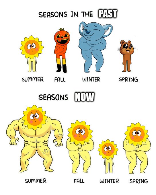 The image is a humorous comparison showing "Seasons in the Past" featuring diverse characters (sun, jack-o'-lantern, koala, and groundhog) for summer, fall, winter, and spring, contrasted with "Seasons Now" where all four seasons are depicted as muscular sun characters of varying sizes. The illustration relates to the "Stay cool out there VeeFriends!" caption by playfully suggesting that the sun has become so intense and powerful across all seasons that even fall, winter, and spring feel like summer now, with sun characters flexing their muscles to stay cool.
